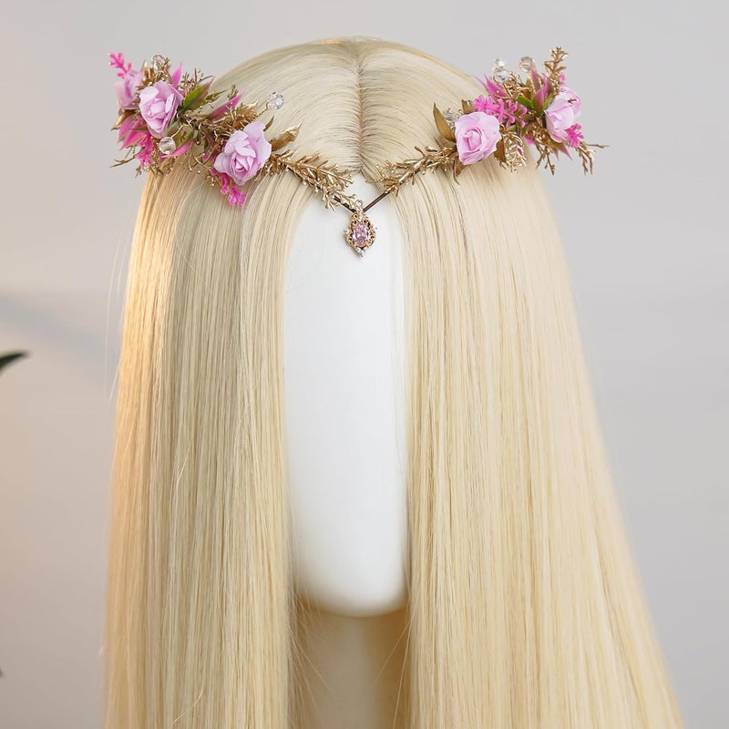 MOSTORY Pink Flower Fairy Crown - Elf Floral Headpiece Woodland Circlet for Fairycore Aesthetic Women, Elven Forest Headband for Renaissance Renfaire Cosplay Photo Shoot - Image 2